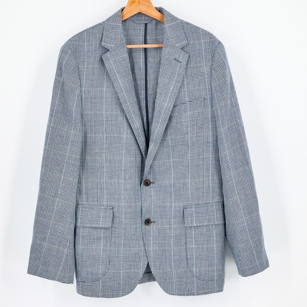 J. McLaughlin Sports Coat Mens 40 Linen Wool Glen Plaid Blazer Jacket England